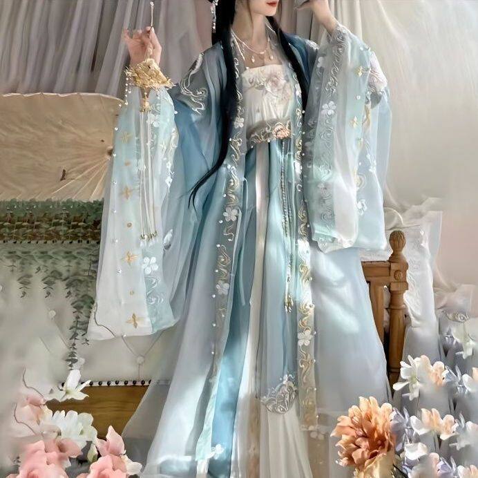爆款【蝶恋花语】粉色汉服古风齐胸汉服大袖衫百褶裙绣花宋制汉服