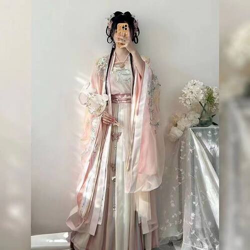 爆款【蝶恋花语】粉色汉服古风齐胸汉服大袖衫百褶裙绣花宋制汉服