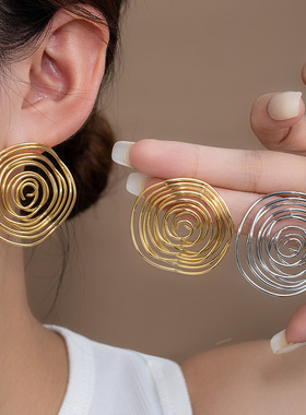 欧美不规则镂空扭曲金属风耳环个性几何圆形简约earing耳钉女耳饰