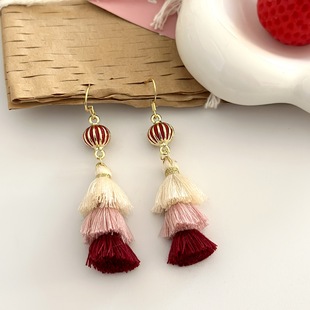 中国风新款 红色喜庆耳坠简约新年礼物女耳饰耳夹 灯笼流苏耳环长款