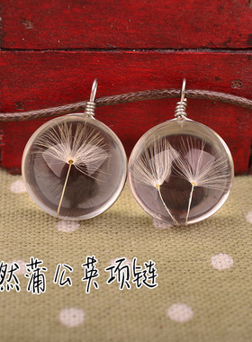 森系天然蒲公英干花项链 真花时光宝石玻璃球手工饰品毛衣链吊坠