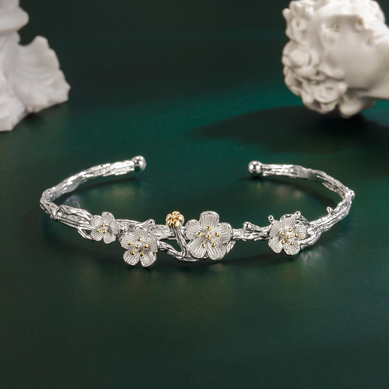 双色花手镯桃花手链铜镀银小清新树枝梅花吊坠文艺复古送女友礼物