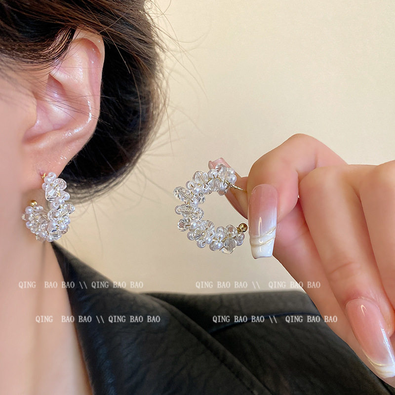 2024年春夏爆款C形水晶珍珠耳环女时尚气质高级感小众百搭耳钉