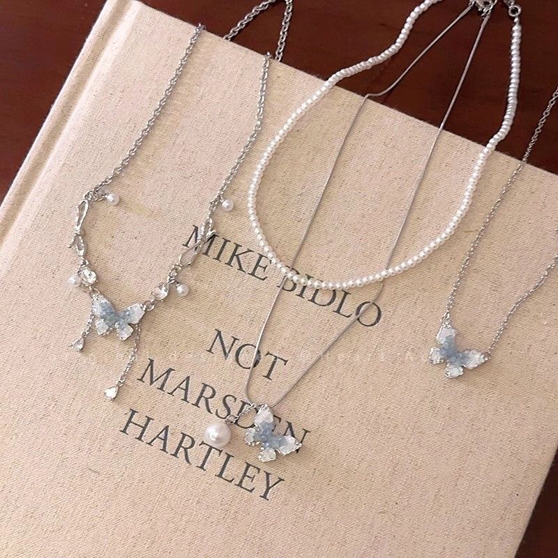 冰晶渐变色珍珠蝴蝶流苏项链女夏日精致高级感锁骨链甜酷辣妹颈链