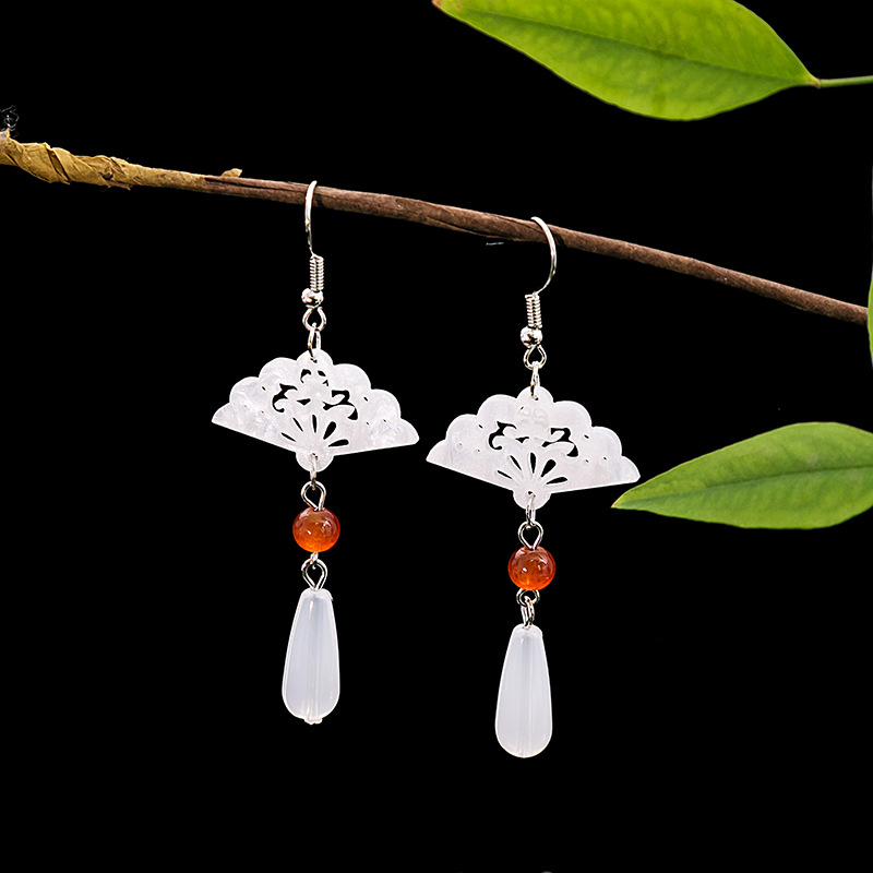 仿玉水滴形复古耳环旗袍配饰古风耳饰新中式国潮镂空扇形耳坠耳钉