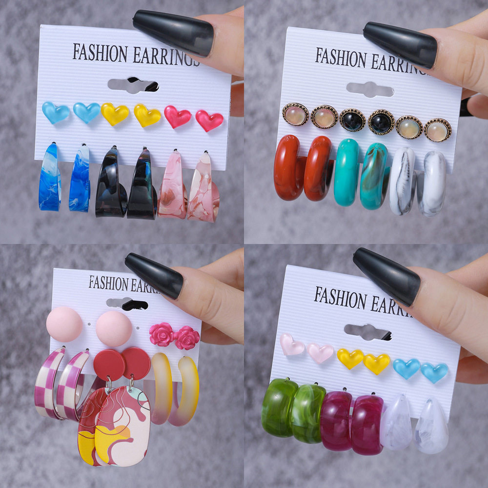 跨境耳环饰品 彩色夸装亚克力印花耳环 彩色树脂花朵心形耳钉套装