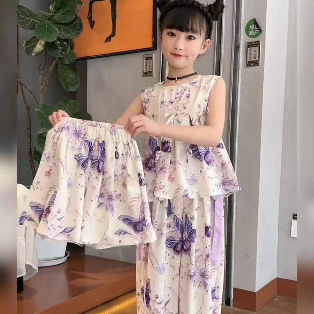 女童洋气时髦背心夏装三件套2025新款童装女宝宝短袖阔腿裤套装