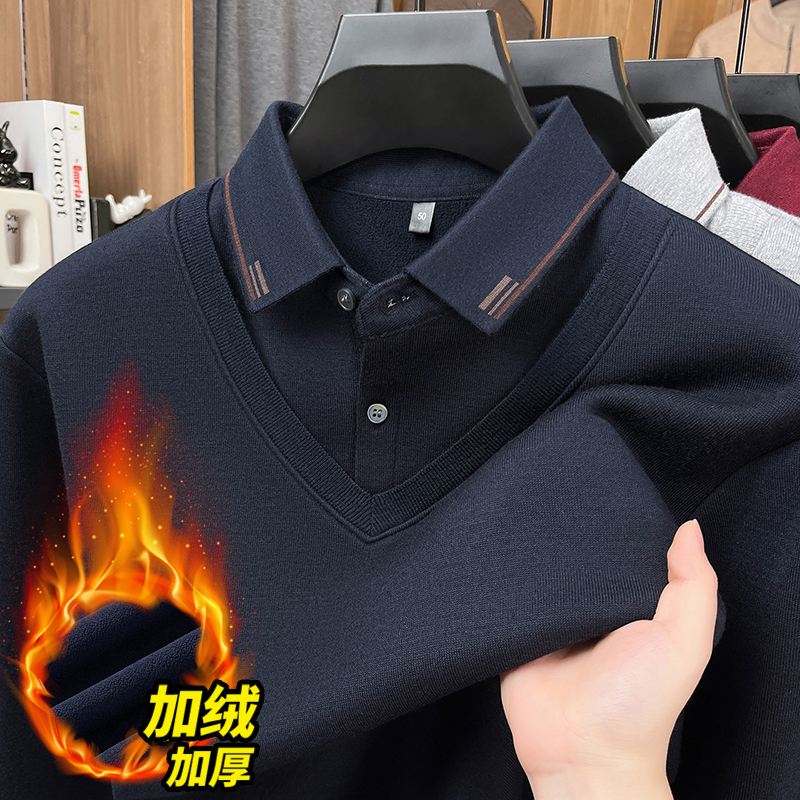 新款冬季男士保暖内衣假两件衬衫领针织衫加绒加厚毛衣男外穿上衣