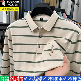 啄木鸟春秋季新款男款长袖条纹带翻领t恤2026中年大码休闲POLO衫