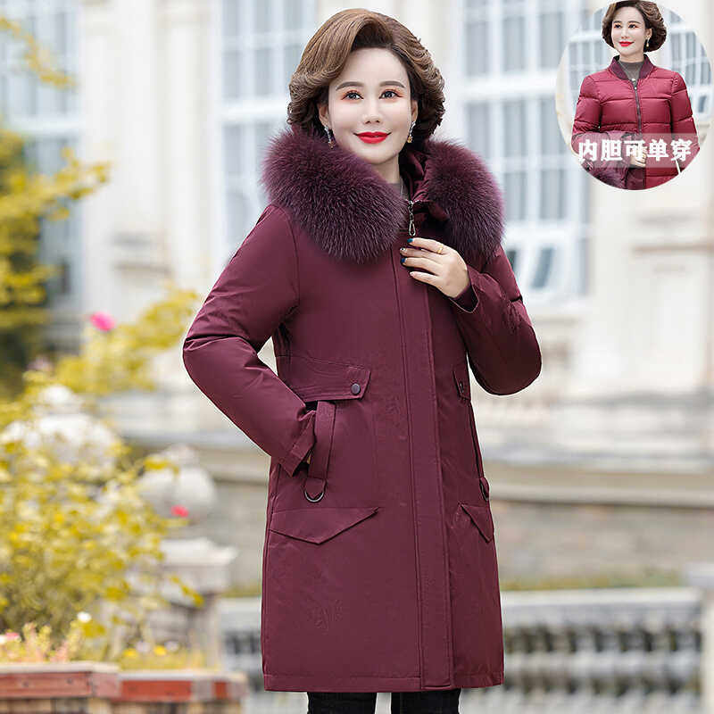 鸭鸭活里活面中老年羽绒服女中长款可拆卸内胆妈妈加厚冬克服外套