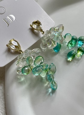 跟包邮款一起拍~超仙法式绿色复古水晶流苏花朵耳环高级感耳夹女