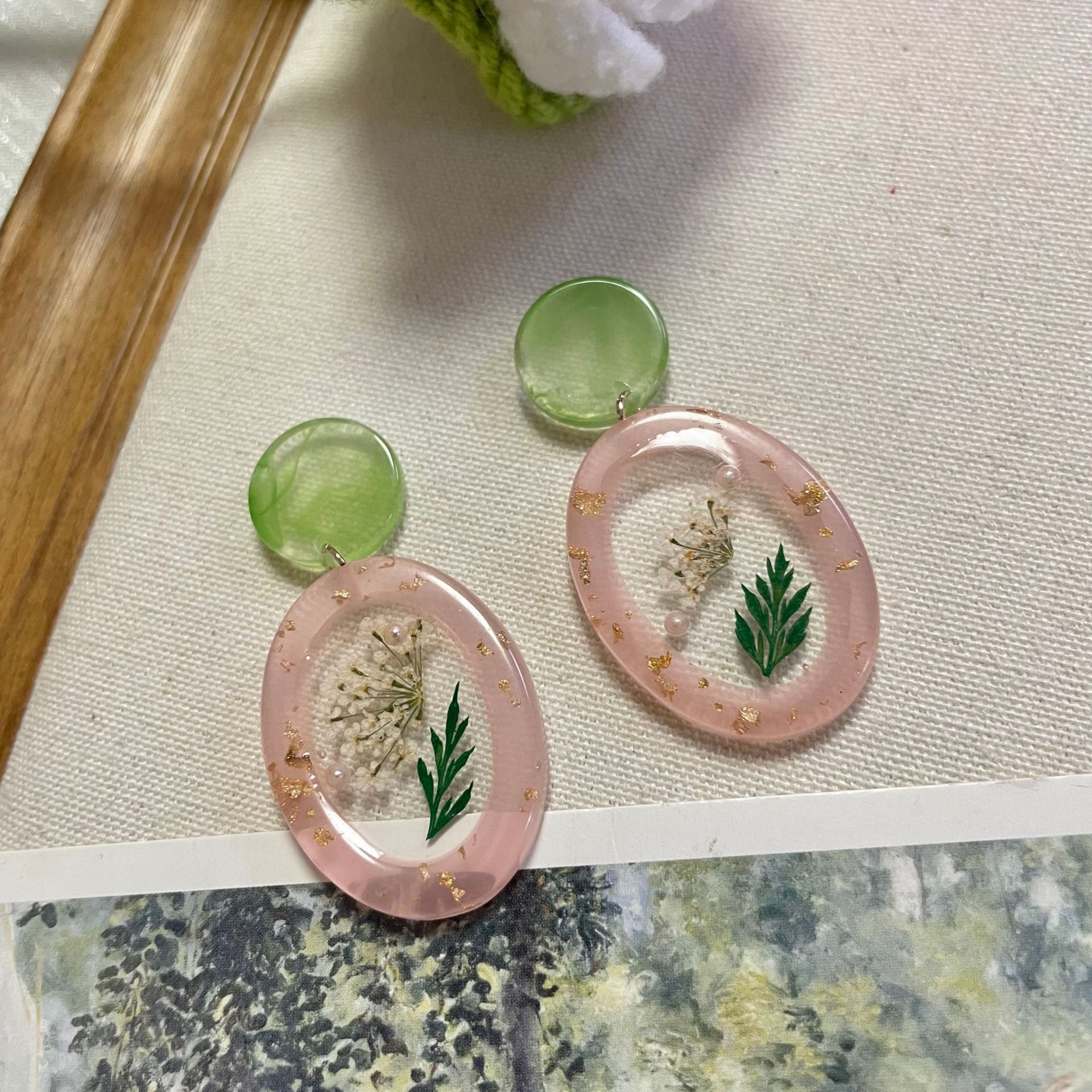 春日浪漫花园 粉绿撞色清新耳环甜美少女气质永生花干花耳夹耳饰
