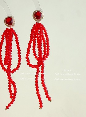 浓烈新年气息镀18K真金闪钻红色流苏耳钉复古自带打光感耳环饰品