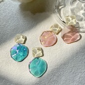 两色入 夏日水波纹耳环蜜桃色粉温柔梦幻蓝色耳钉甜美通透感耳夹