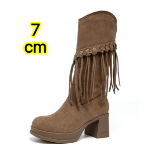 7cm流苏女靴粗跟小个子厚底增高女靴女2025新款 松糕瘦瘦靴骑士靴