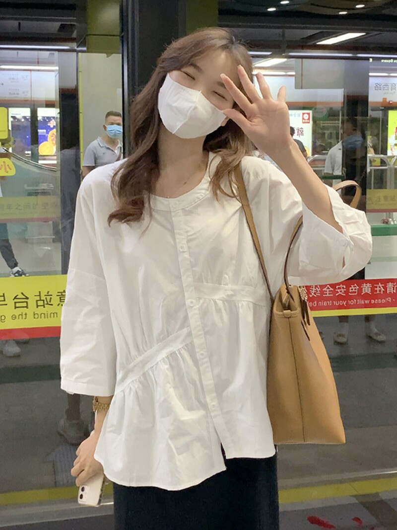 출산 여름 반팔 셔츠 다재다능하고 패셔너블하고 귀엽고 헐렁한 흰색 베이비돌 셔츠 얇은 출산 셔츠 상의