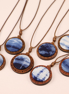 民族风扎染旧木雕花复古蓝染项链毛衣链植染项坠脖挂可调节