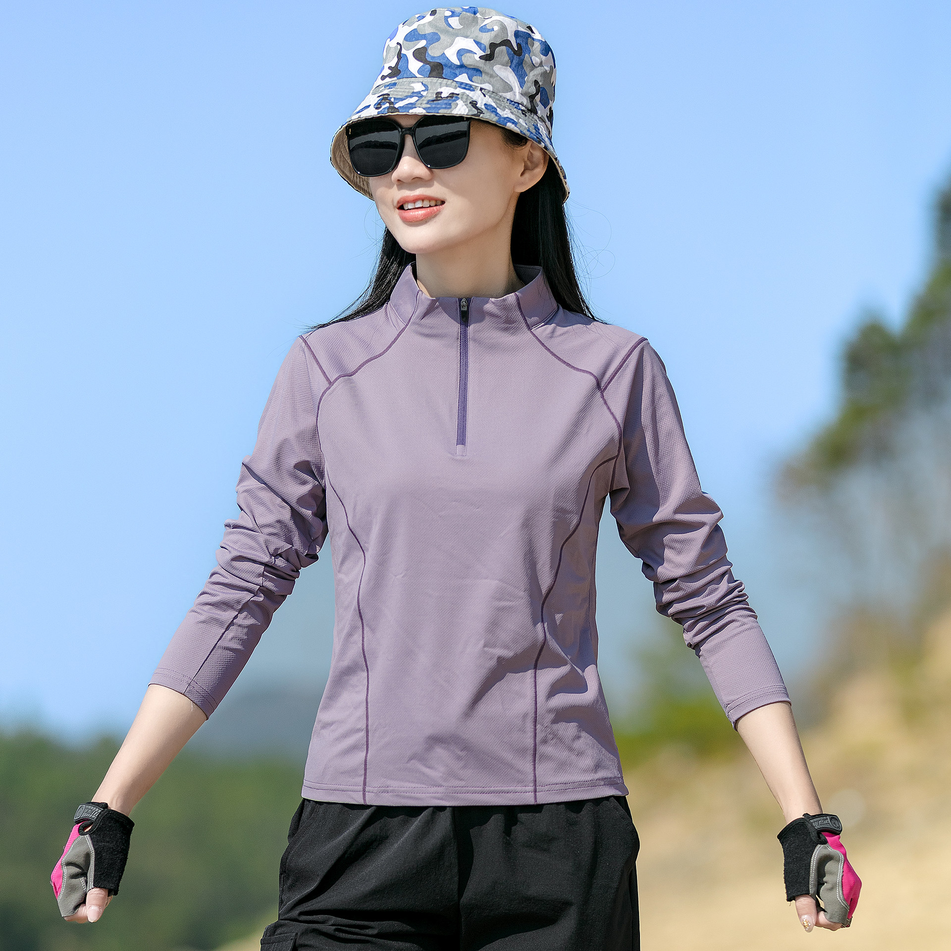 春夏季户外透气速干T恤女立领长袖亲肤弹力徒步登山运动快干上衣