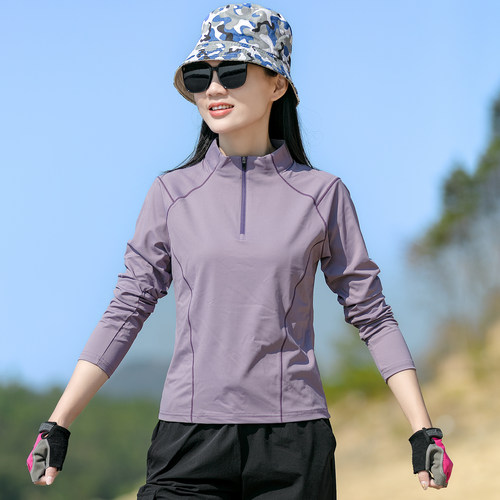 春夏季户外透气速干T恤女立领长袖亲肤弹力徒步登山运动快干上衣