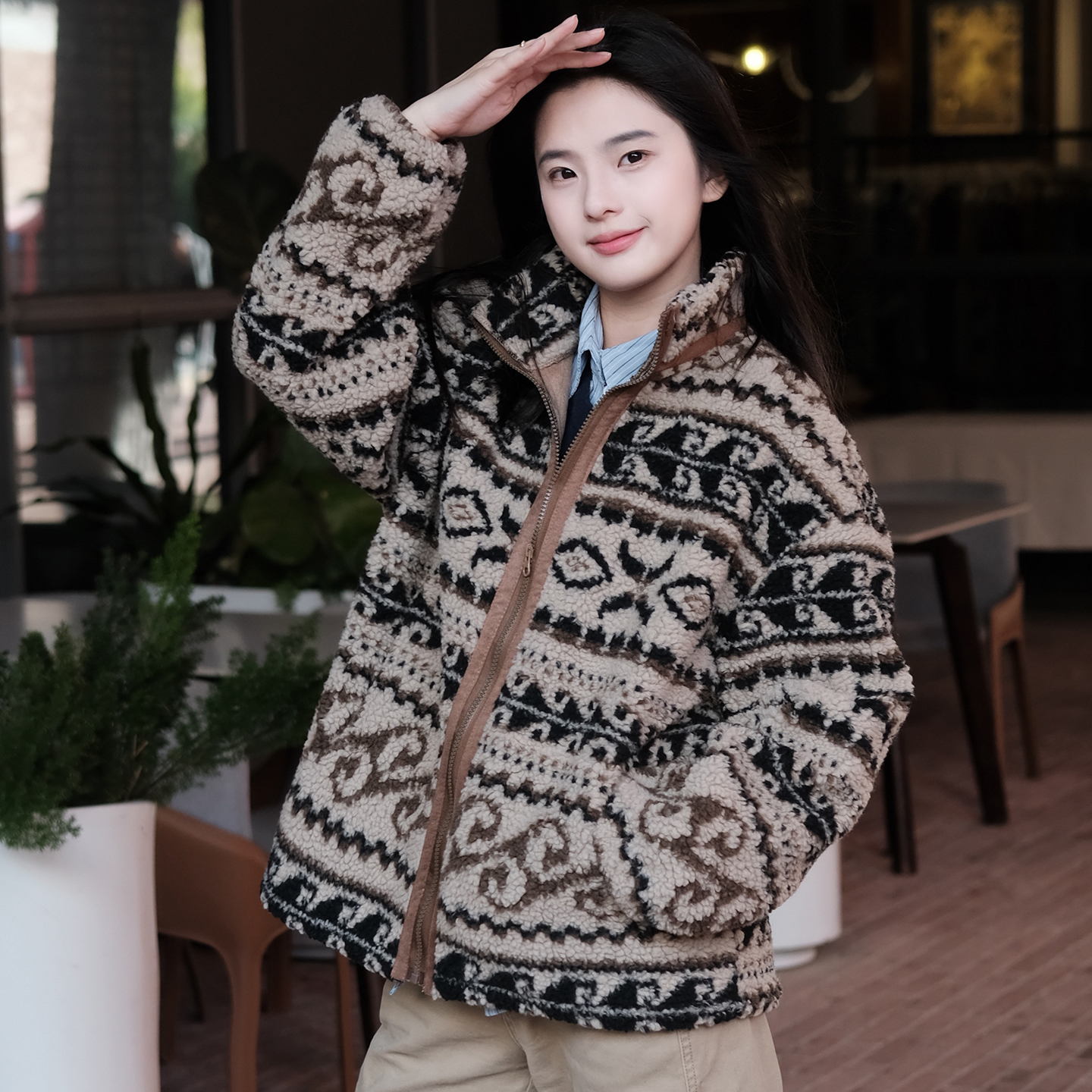 保暖毛毛外套秋冬季女款费尔岛摇粒绒羊羔毛大衣2025新款皮毛一体