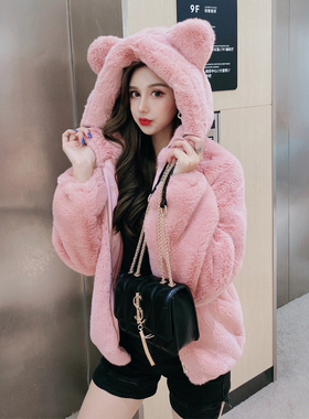 反季特价羊羔毛皮草女秋冬熊耳朵连帽外套仿獭兔毛加厚毛毛绒大衣