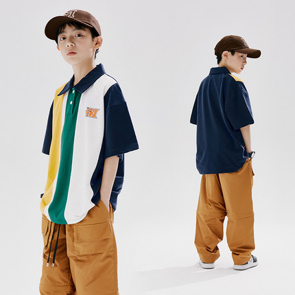 MEGAVOLT儿童夏美式复古拼接POLO短袖少儿hiphop街舞工装裤演出服