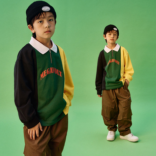 MEGAVOLT街舞痞帅男童装拼色POLO长袖嘻哈工装裤套装中大童衣服秋