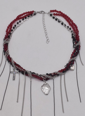 多层缠绕水晶串珠流苏爱心项链女