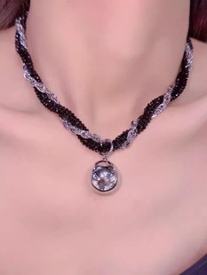 复古高级感天然黑晶石多层项链金属链条麻花缠绕金属球吊坠锁骨链