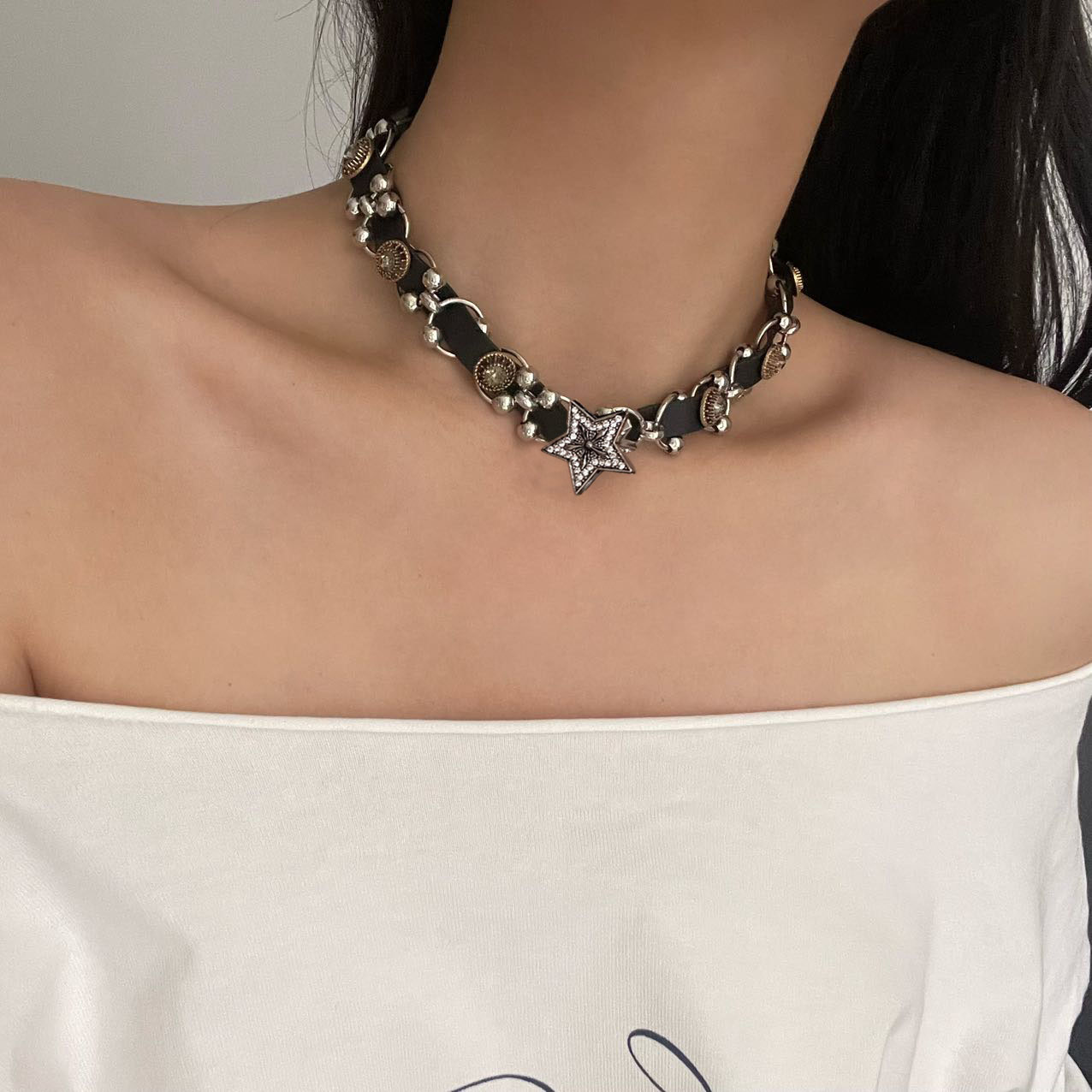 皮质编织五角星纽扣项链女