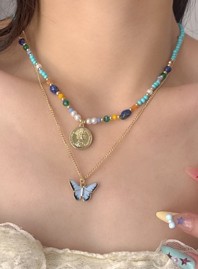 复古绿松石钱币蝴蝶吊坠项链女