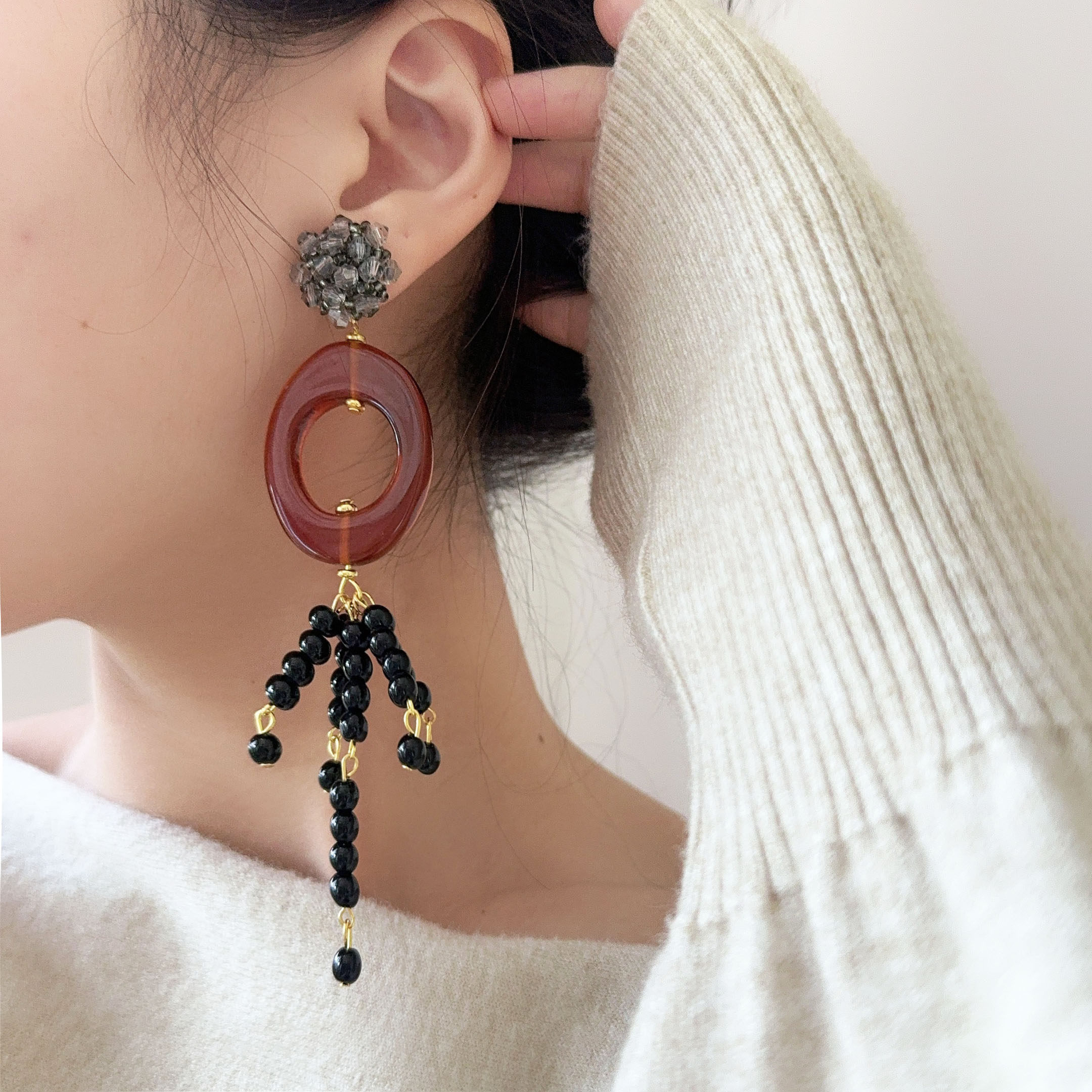 新中式复古黑水晶流苏耳坠耳饰中古轻奢咖色几何椭圆耳钉耳环配饰,饰品/流行首饰/时尚饰品新,耳环,淘宝优惠券,粉丝福利购,淘宝优惠卷