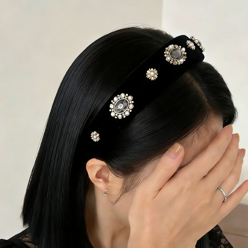 法式优雅丝绒闪钻花朵发箍宽边女图片