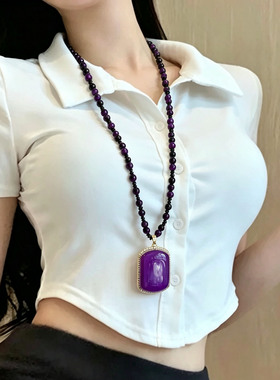 时髦紫色串珠方形玉牌吊坠项链女