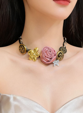 甜酷辣妹金属纽扣布艺花朵项链女