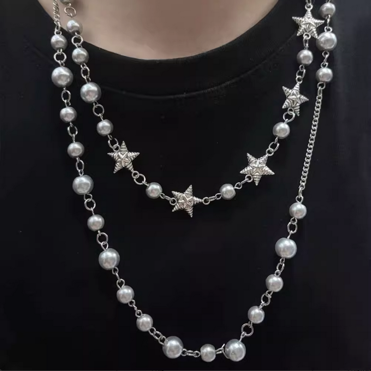 双层叠戴金属链条圆球星星项链女