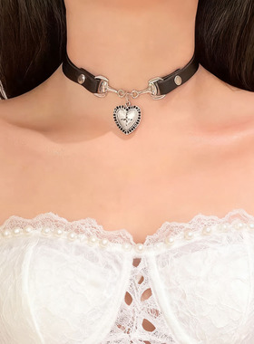 辣妹风色皮革爱心吊坠项圈项链女
