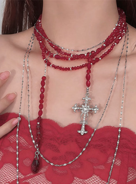 哥特风复古血红色串珠十字架项链