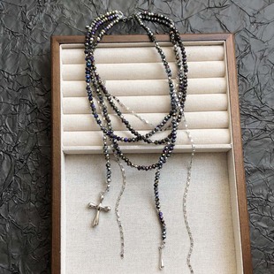 多层叠戴串珠米珠项链女十字架流苏链条锁骨链小众设计感百搭颈链