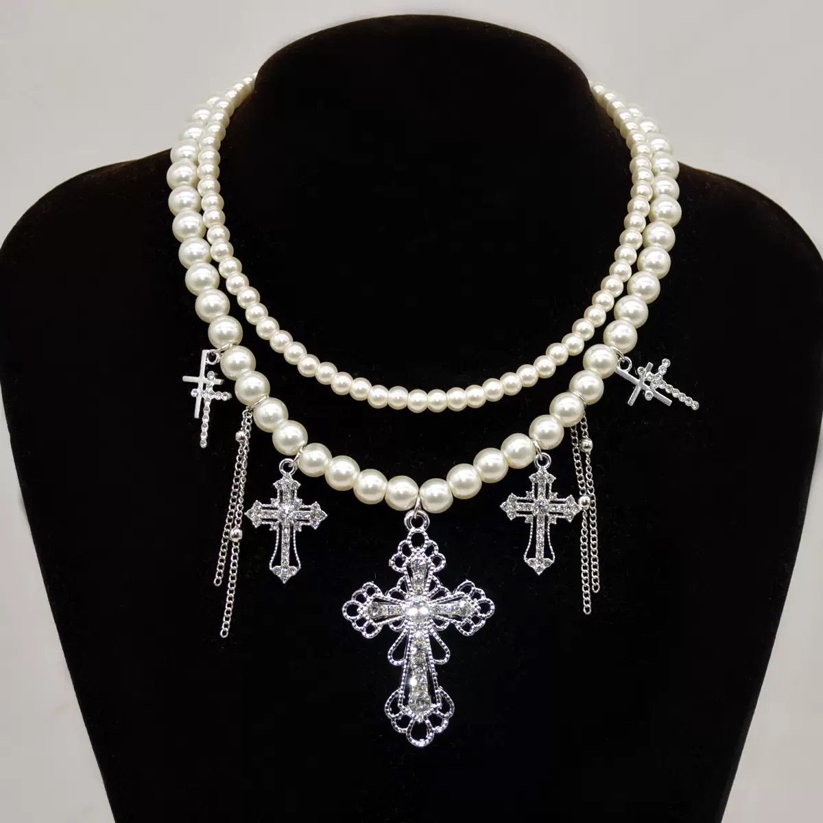双层叠戴十字架珍珠吊坠项链女串珠流苏轻奢重工高级感锁骨链颈链,饰品/流行首饰/时尚饰品新,项链,淘宝优惠券,粉丝福利购,淘宝优惠卷