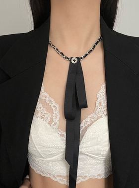 编织金属皮质长飘带丝带项链女