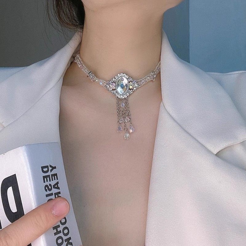 多层米珠串珠项链女镶钻流苏颈链