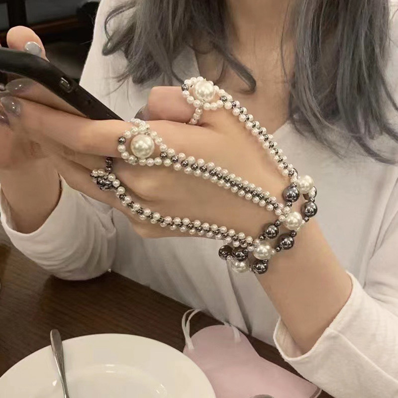 小众设计时尚个性珍珠编织镶钻戒指手链一体链女手背链手饰品女