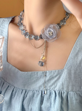 蕾丝网纱蓝色花朵水晶串珠项链女