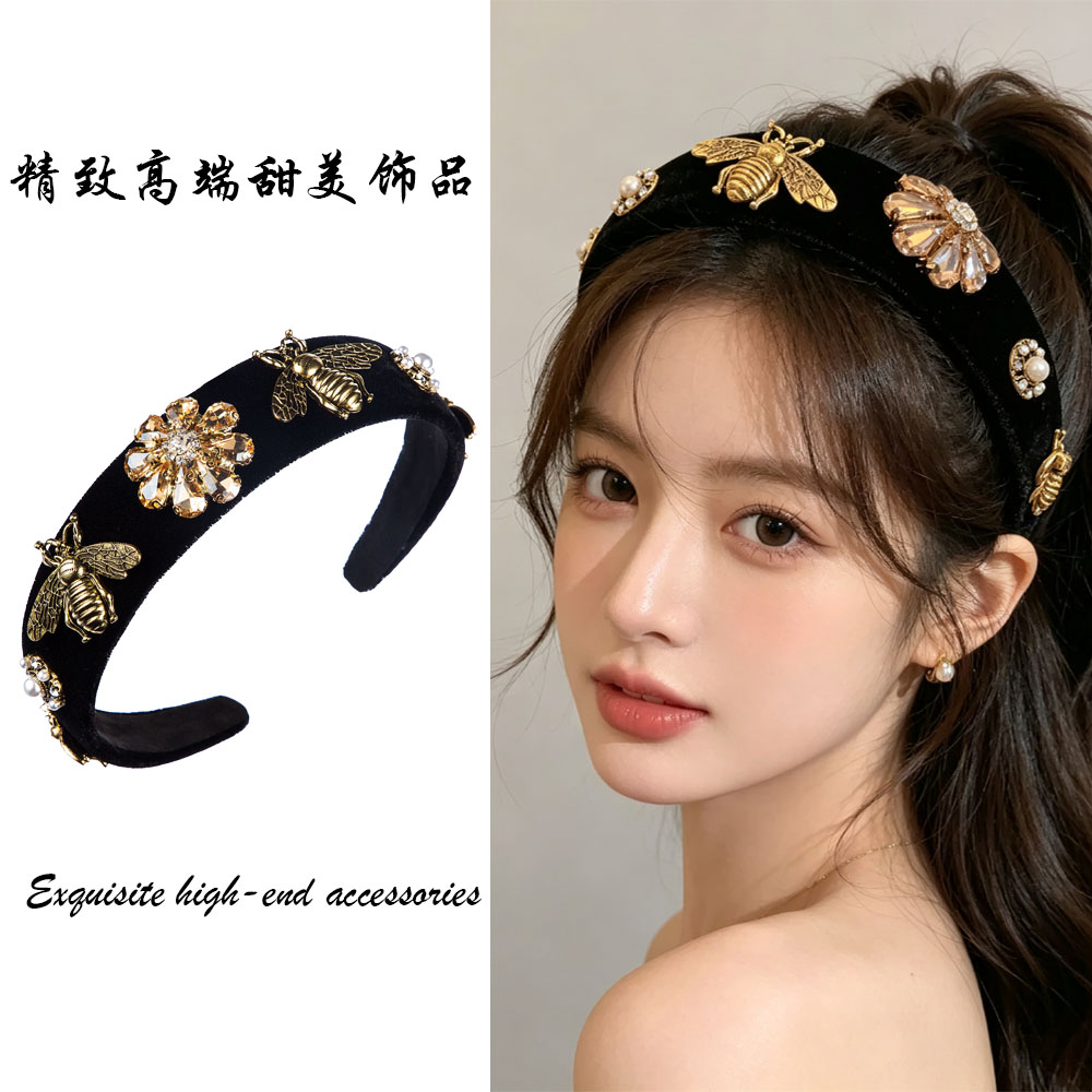 vintager做旧金蜜蜂闪钻丝绒发箍图片