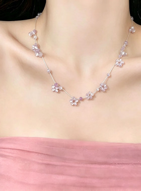 浅紫色幻彩猫眼石串珠花朵项链女