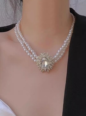 法式新款金属镶钻双层珍珠项链女