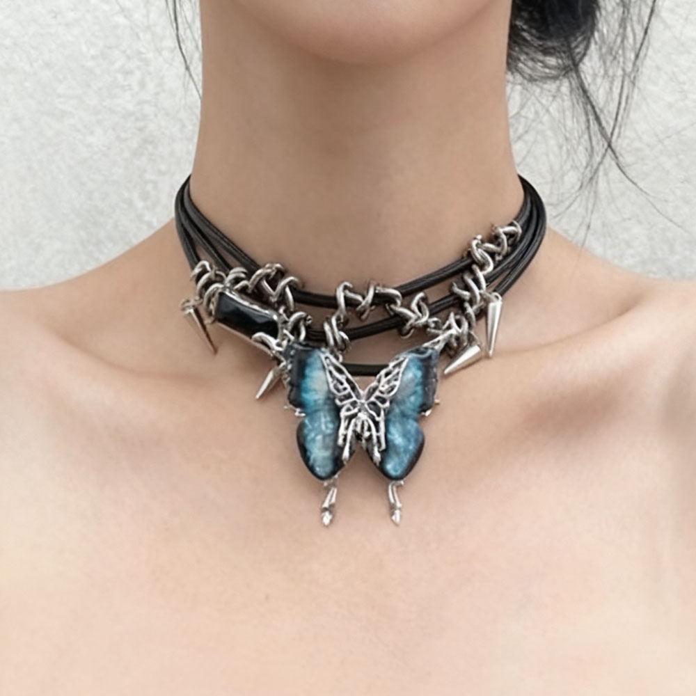 甜酷辣妹多层皮质渐变蝴蝶项链女