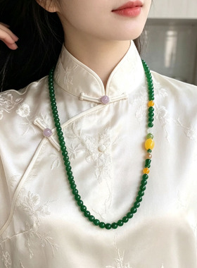 新中式古风时髦绿玛瑙串珠项链女