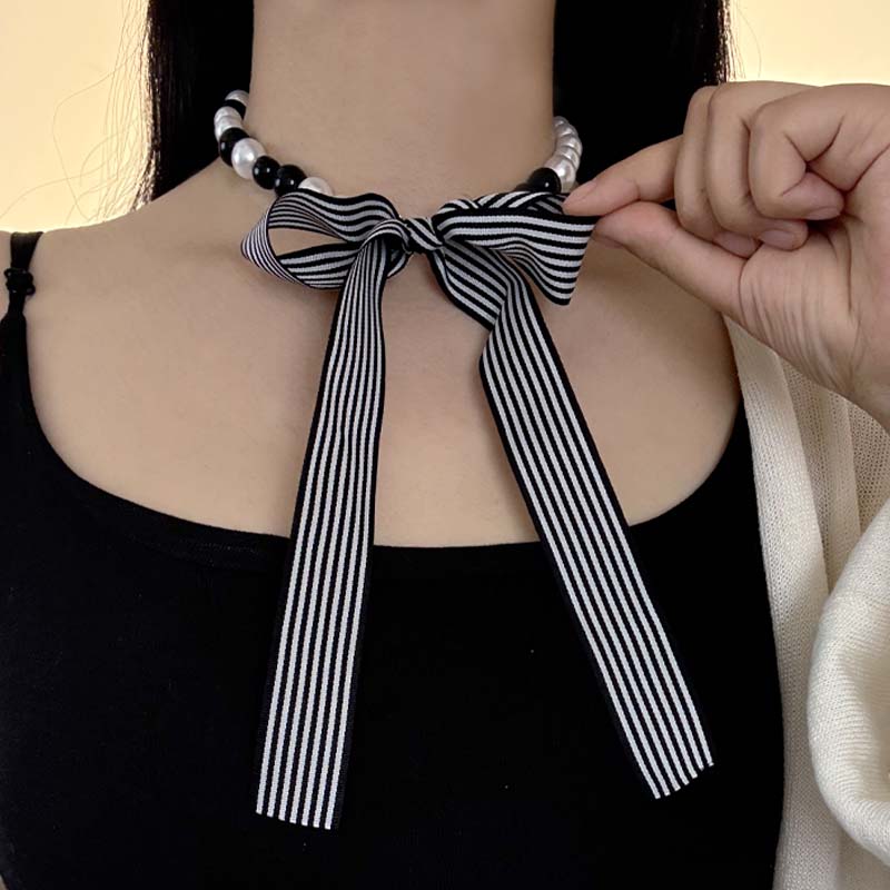 黑白珍珠蝴蝶结丝带项链锁骨链女